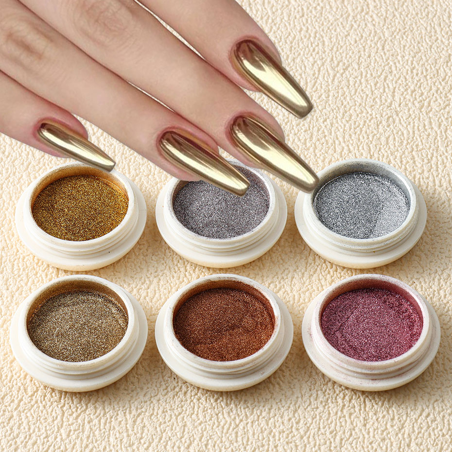 Dip Powder Nail - 6pc Gold Metallic Mirror Glitter Nail