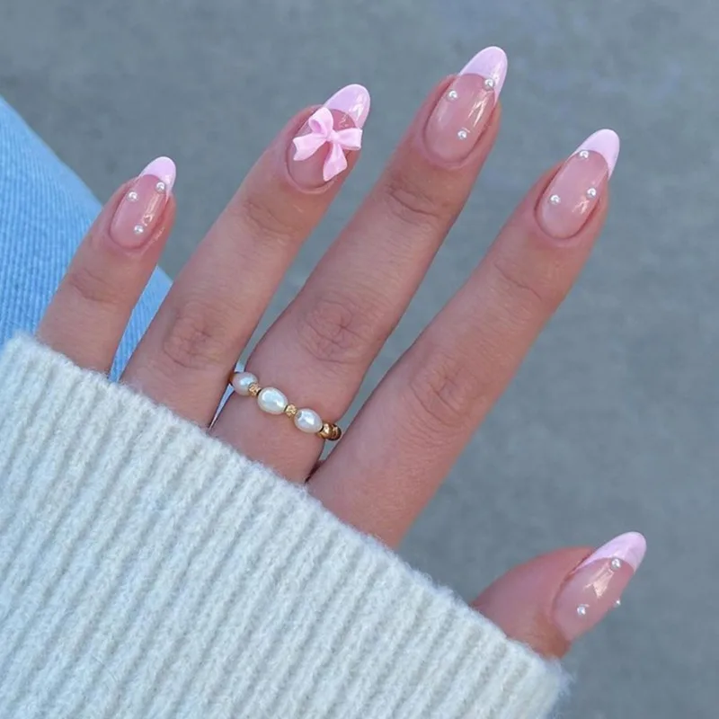 Press On Nail Set - 24Pcs Almond Press on Nails Pink