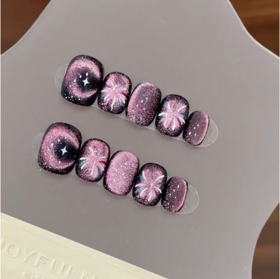 Press On Nail Set - 10Pcs Purple Short Round Head Press